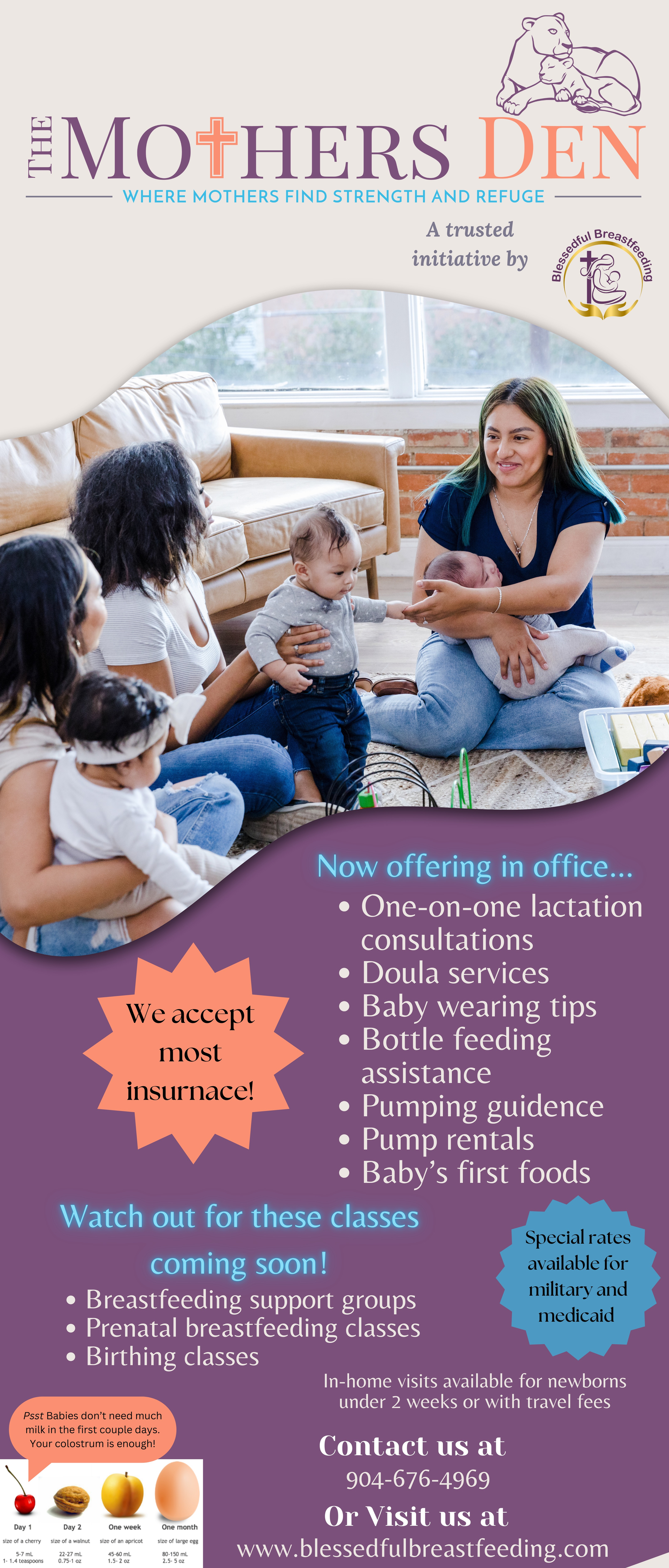 Mother’s Day event flyer with women sitting on a couch, pastel purple and blue text, and colorful starburst callouts